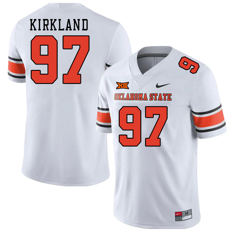 Men #97 Justin Kirkland Oklahoma State Cowboys College Football Jerseys Stitched-White - Click Image to Close